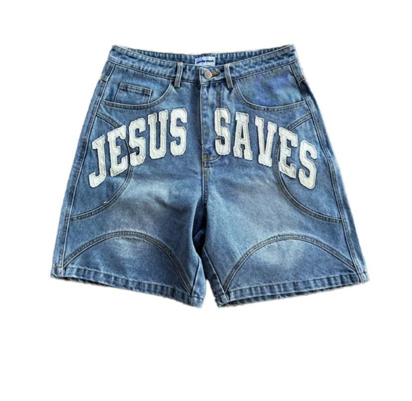 LIGHT BLUE JESUS SAVES JEAN SHORTS